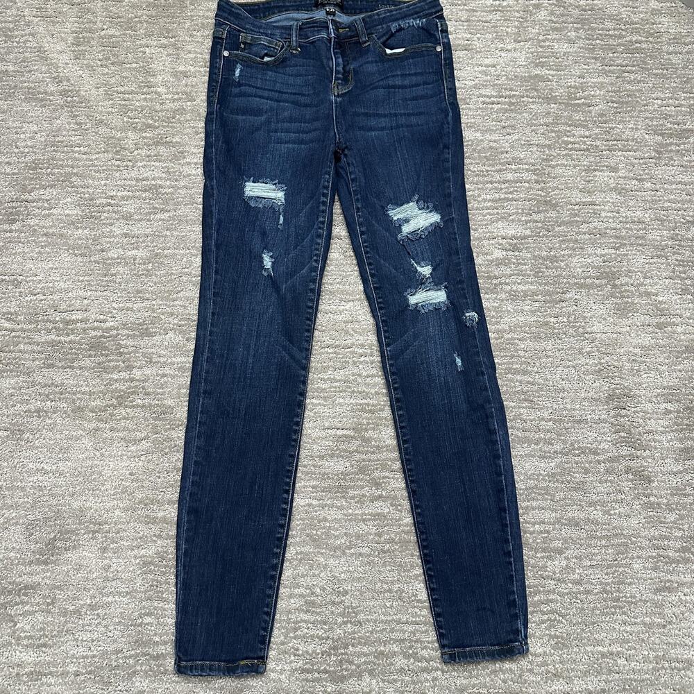 Judy Blue Jeans Womens 9/29 Skinny Mid Rise Distressed Stretch Denim Dark Wash